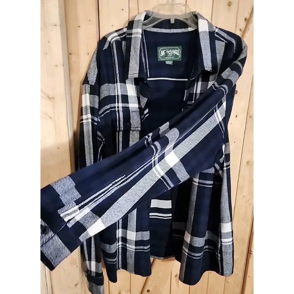 American Eagle Shacket Mens XXL Blue Black Plaid‎ Flannel Button Up Shirt READ